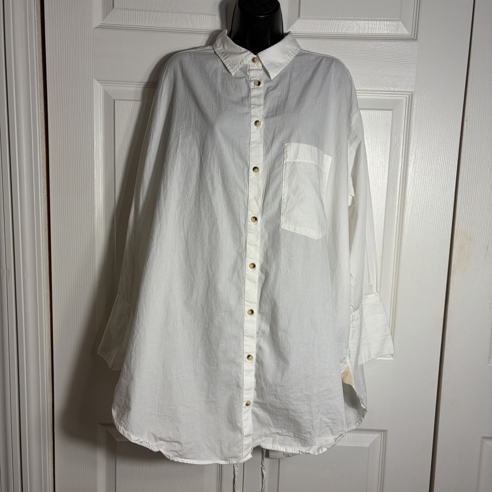 Free People Split Back Button Down Tunic Women L White Oversized 100% Cotton Top